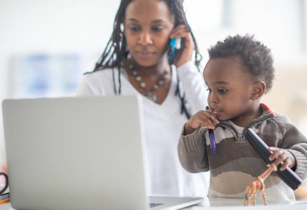 An AI image illustrating a woman working with a child next to her.