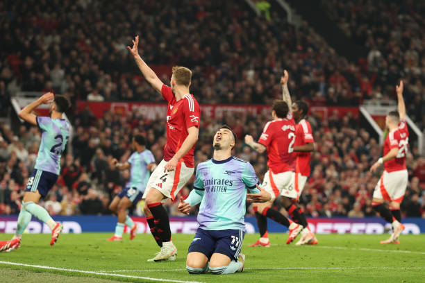 MANCHESTER, ENGLAND - MARCH 09: Gabriel Martinelli of Arsenal reacts after a missed chance during the Premier League match between Manchester United FC and Arsenal FC at Old Trafford on March 09, 2025 in Manchester, England. (Photo by Carl Recine/Getty Images)