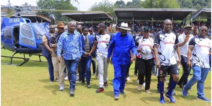 ODM Party leader Raila Odinga arriving at the Gusii Stadium for a kit launch on Sunday, March 9, 2025. Photo Standard