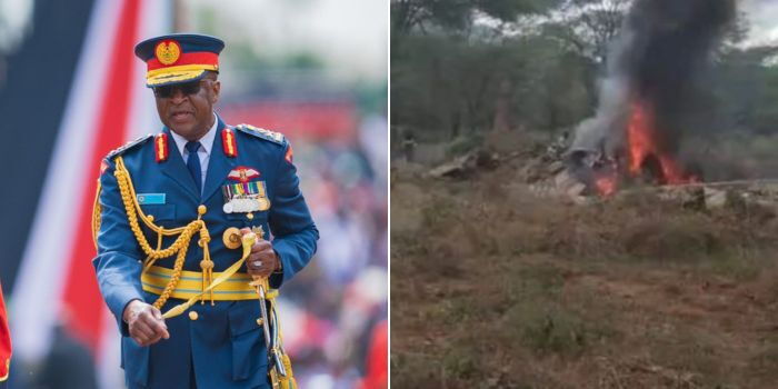 Former CDF General Francis Ogolla during Jamhuri Day celebrations on December 12, 2023 (left) and the chopper crash that claimed the life of the CDF and other military personnel.