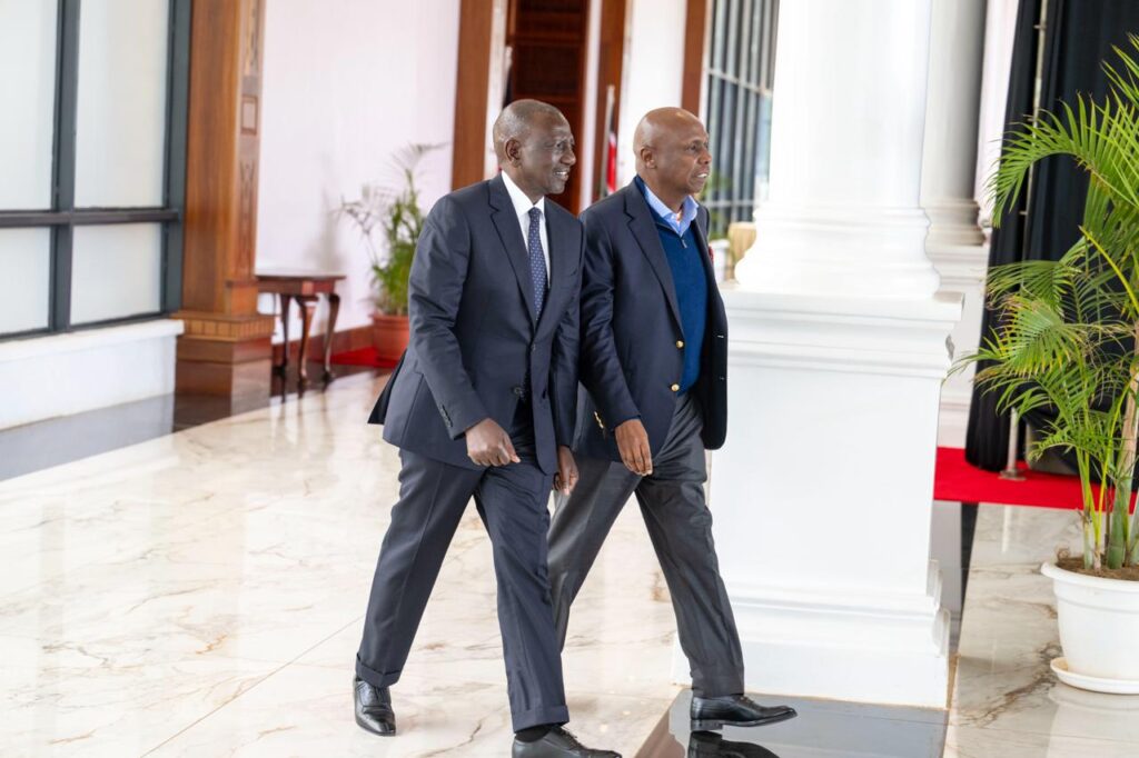 President William with Kanu national chairman Gideon Moi at State House on October 8, 2025. /PCS