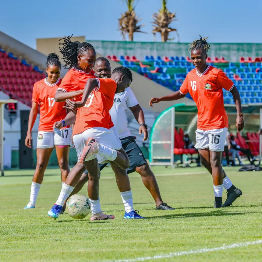 Harambee Starlets players celebrate after scoring a goal against Uganda, during the 2025 Cecafa Senior Women's Championship campaign at Azam Sports Complex in Chamazi, Dar es Salaam, Tanzania on June 17, 2025.