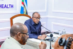 Health CS Aden Duale addresses a meeting of health professional regulatory bodies at the Ministry of Health headquarters to review preparedness for the deployment of the 2026/2027 cohort of healthcare interns. PHOTO | MoH