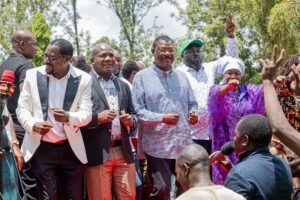 Matungu MP Peter Nabulindo, Kakamega Governor Fernandes Barasa, National Assembly Speaker Moses Wetang’ula and Bungoma Senator Wafula Wakoli gather outside Holy Spirit Catholic Church in Bulimbo, Matungu constituency, Kakamega county after the service on February 22, 2026 /HILTON OTENYO/COURTESY/