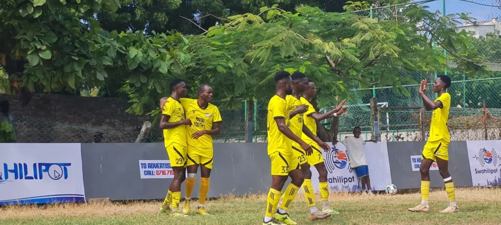 Migori Youth celebrate their opening goal against Mombasa Stars during a match at Serani Sports Ground in Mombasa. Photo: Mark Mutuku/Courtesy