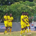 Migori Youth celebrate their opening goal against Mombasa Stars during a match at Serani Sports Ground in Mombasa. Photo: Mark Mutuku/Courtesy