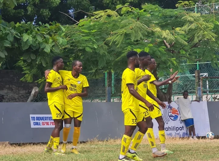 Migori Youth celebrate their opening goal against Mombasa Stars during a match at Serani Sports Ground in Mombasa. Photo: Mark Mutuku/Courtesy