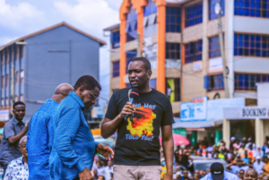 Nairobi Senator Edwin Sifuna leads an ODM Linda Mwananchi rally.Next to him are Siaya Governor James Orengo and Vihiga Senator Godfrey Osotsi.